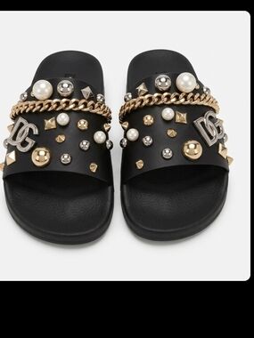 DG Embellished Black Slide Sandals with Gold Chain & Pearls UNISEX